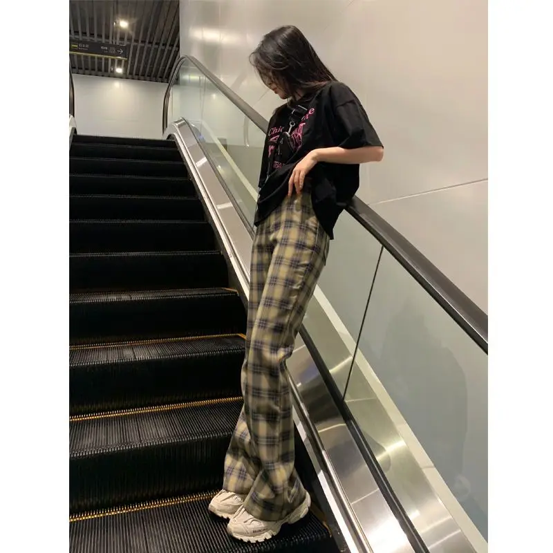 Pantaloni da donna Streetwear pantaloni a gamba larga a vita alta Vintage pantaloni a zampa di Plaid dritti larghi sottili pantaloni Slim Fit coreani semplici