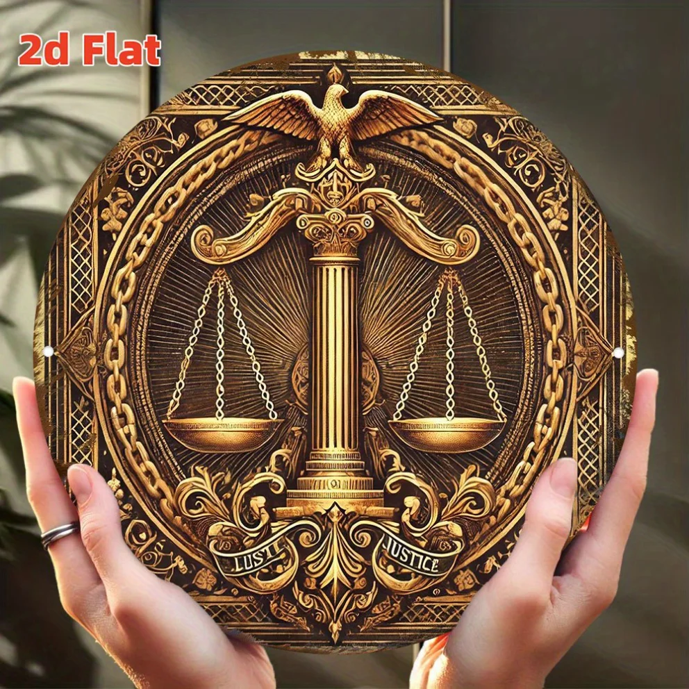 Lady Justice Sinal de alumínio-arte de parede redonda com escalas da justiça, decoração à prova d'água para biblioteca de quadra de escritório de lei, ideia de presente de lei