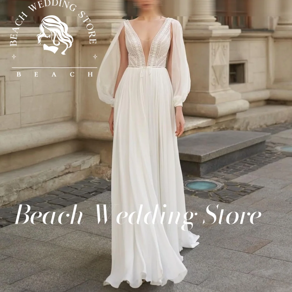 Beach Customized Boho Wedding With Sleeves Simple Beach Chiffon A-Line With Court Train Cheap Sexy V-Neck Bohemian Gowns Woman