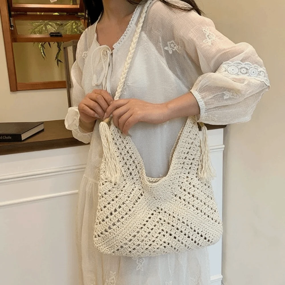 

Simple Bohemian Knitted Shoulder Bag Solid Color Hollowed Crochet Tote Bag Cotton Thread Storage Bag Beach Bag Students