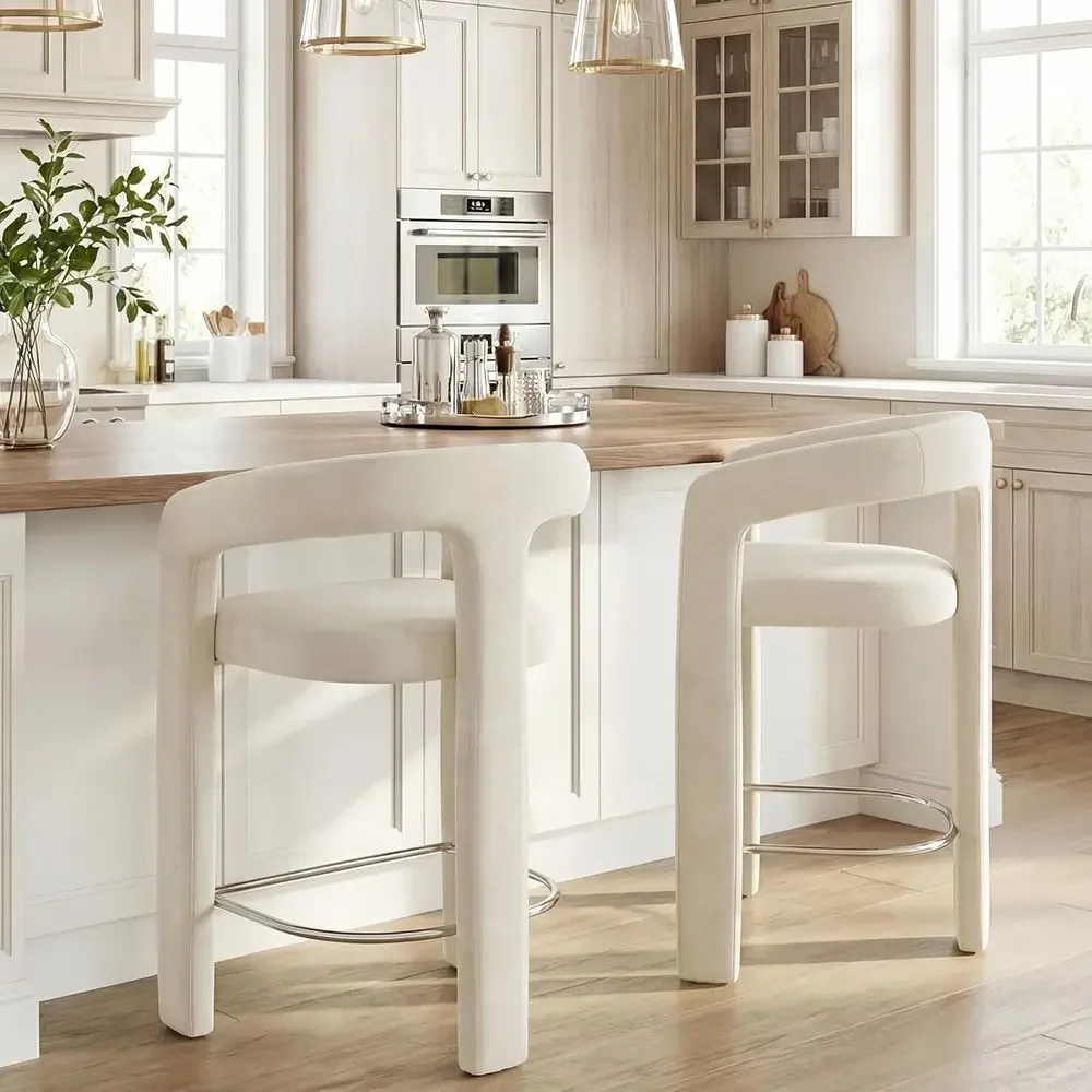 

Set of 2 White Velvet Upholstered Open Back Bar Stools with Armrests, Suitable for Counter Height and Kitchen Islands