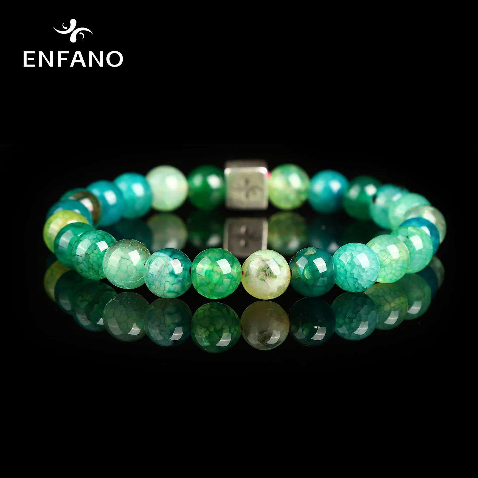 

ENFANO Green Dragon Agate Bracelet 8mm Round Bead Bracelet Fashion Birthday Gift Size Name Text Personalized Custom Jewelry