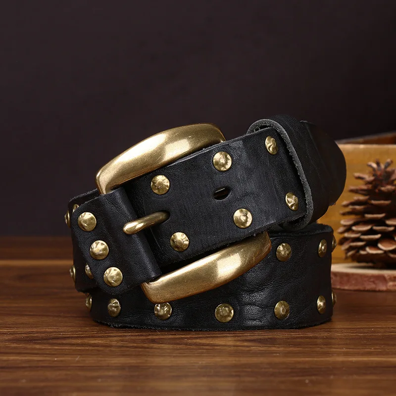 

3.8cm Thickened Punk Trendy Rivet Belt Men's Genuine Leather Needle Buckle Vintage Pure Cowskin Personalized Jeans Strap Belts