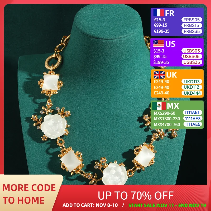 

Vintage Transparent Snowflake White Glass Chokers Necklaces For Women Natural Stone Gold Color Short Accessories Women's Jewelry