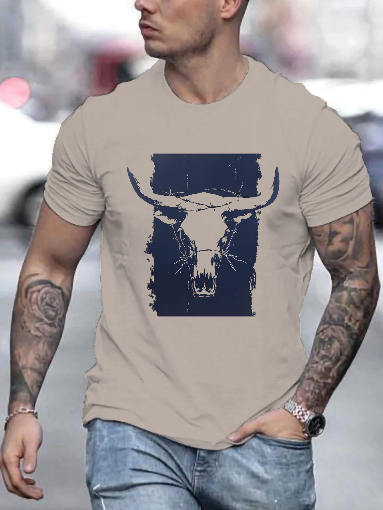 Wild West Men's Western Bull Skull Graphic Tee - Casual Crew Neck, Short Sleeve, Breathable Polyester - Perfect for Summer - for Men - Casual Wear - Gift for Western Enthusiasts