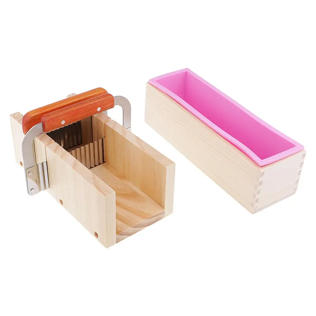Wooden Soap Loaf Cutter + 2 Pieces Stainless Steel + Rectangle Silicone with DIY Soap Making Supplies