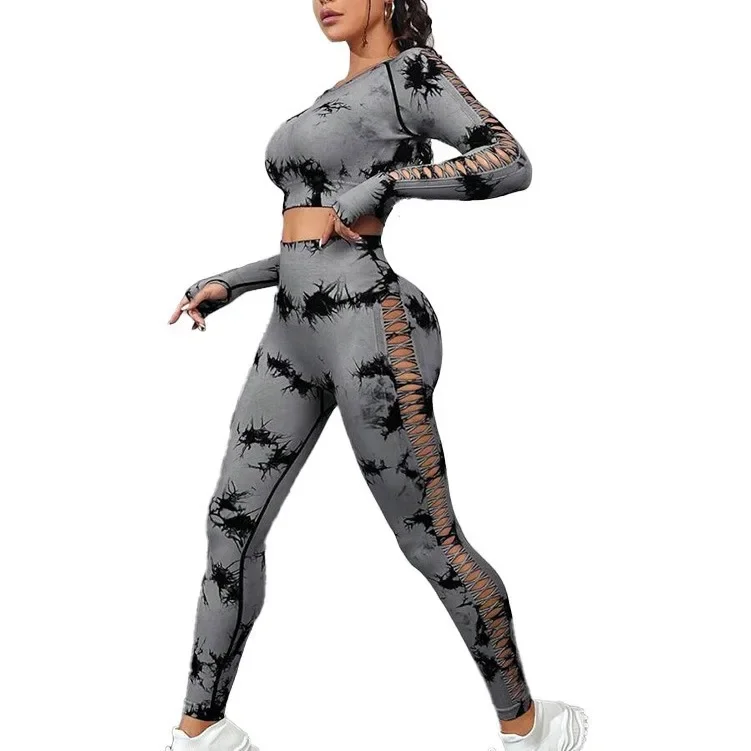 Sporty Woman Gym  Push Up Tie Dye Yoga Suits Fitness Clothes Hollow Out Training Tracksuit Sportswear 2 Piece Workout Set Women