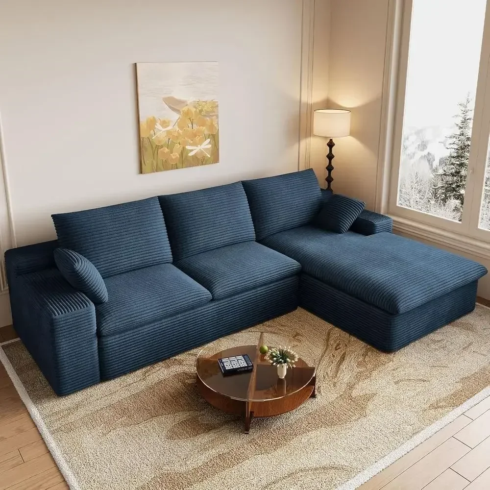 L-Shaped Sectional Couch with Chaise, Deep Seating, Corduroy Fabric, Blue, Right-Facing Chaise, No Assembly Needed