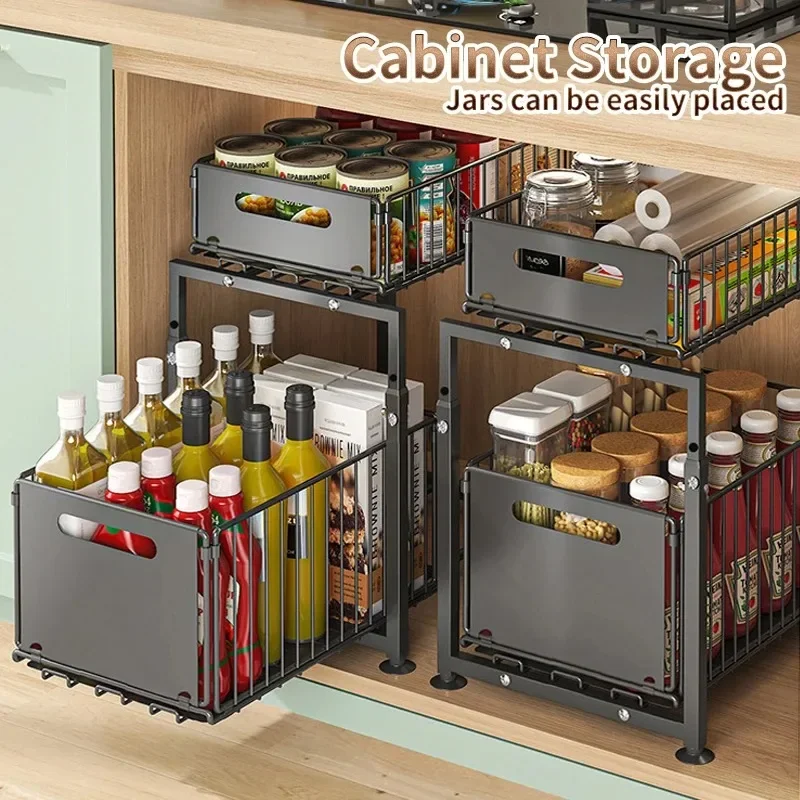 

2-tier Under Sink Storage Organizer,Ajustable Sliding Cabinet Storage Basket,Kitchen Storage Rack with suction cups,Pull out Cab