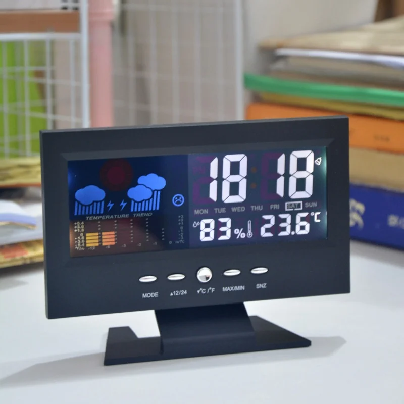 Multifunctional Weather Forecast Alarm Clock Indoor Outdoor color screen display temperature and humidity  voice-activated clock