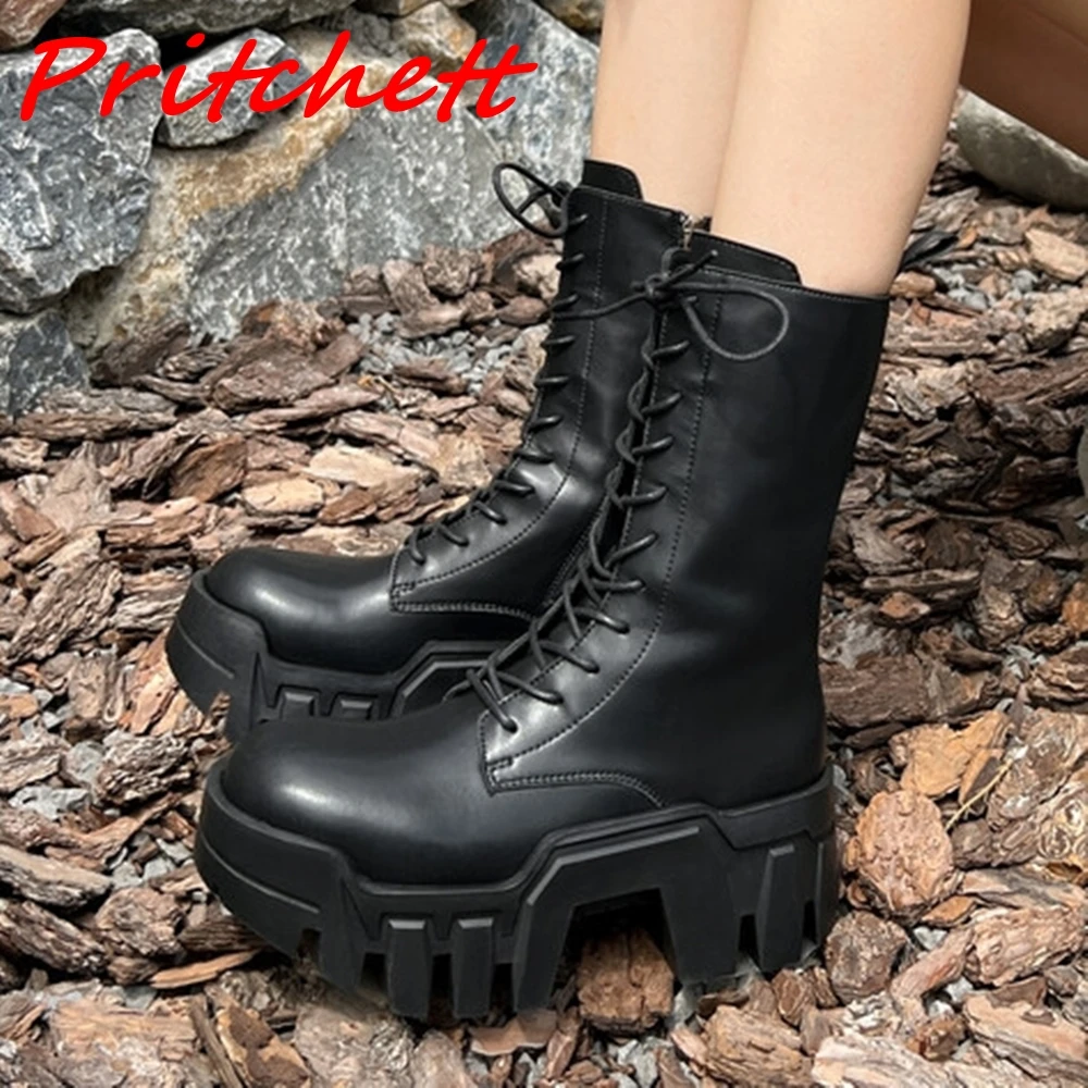 Botas de couro pretas clássicas Punk Mid Bezerro para mulheres, Toe redondo, Zíper lateral, Plano com sola grossa, Lace Up, moda garota legal