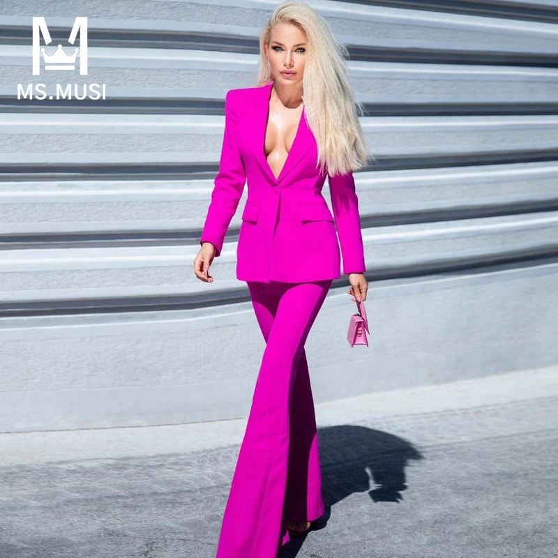 

MSMUSI 2023 New Fashion Women Sexy Solid Two Piece Set Bodycon Turn Down Collar Long Sleeve Blazer Top Flared Long Pant Set Suit