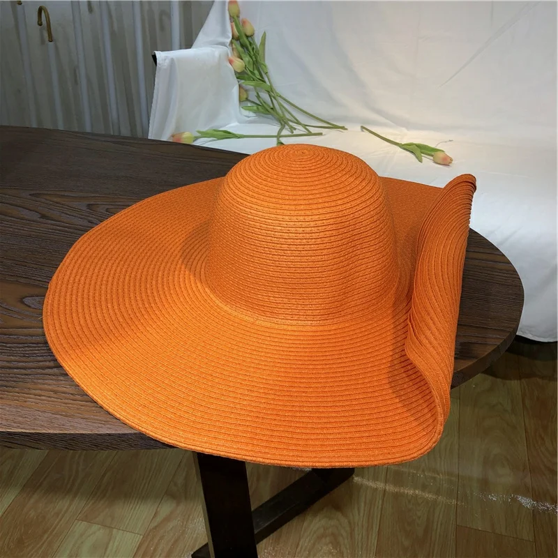 Orange straw hat 25cm super big brim hat Retail sun hat Ultra thin breathable summer sun hat straw hat Travel men and women