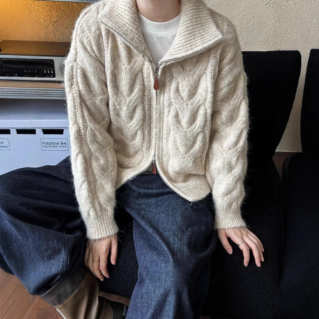 

Double Zipper High Neck Knitted Cardigan For Women Autumn Jacquard Sweater Jacket Korean Fashion High Street Knitting Coat