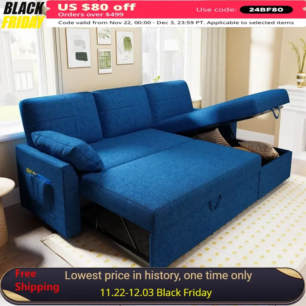 Sofa Bed, Sofa Sleeper with Storage Chaise, L Shape Pull Out Couch Bed, Oversized Sofas for Living Room-Blue Linen Sofa Bed