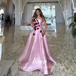 Aileen Off the Shoulders Satin 3D Flowers A-line Pink Graduation Dresses for Special Occasions Elegant Wedding Party Dress Woman