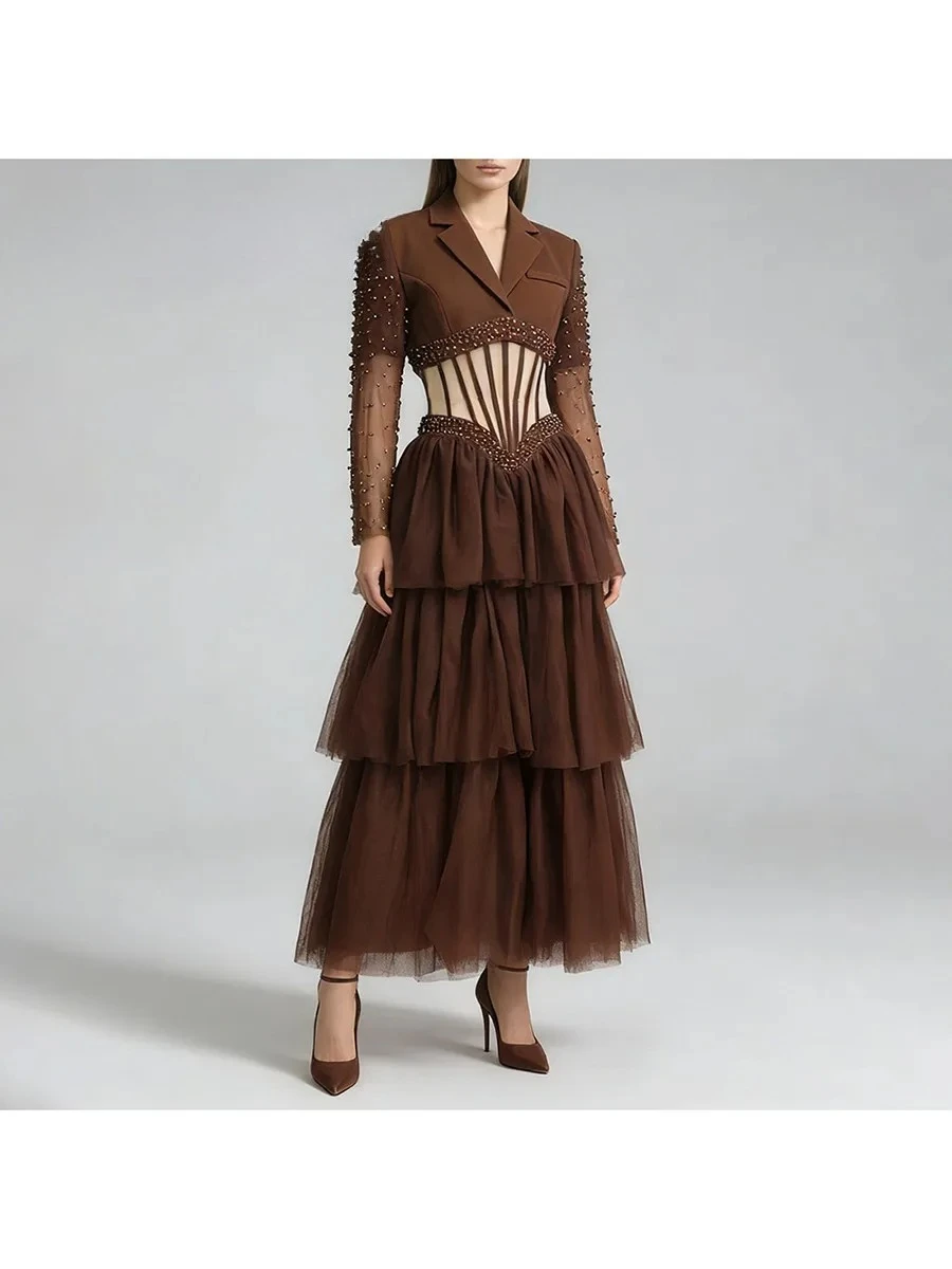 for Women Lapel Long Sleeves Patchwork Ruffles Folds Dress Female Clothing TWOTWINSTYLE Temperament Spliced Bead Sheer Dresses