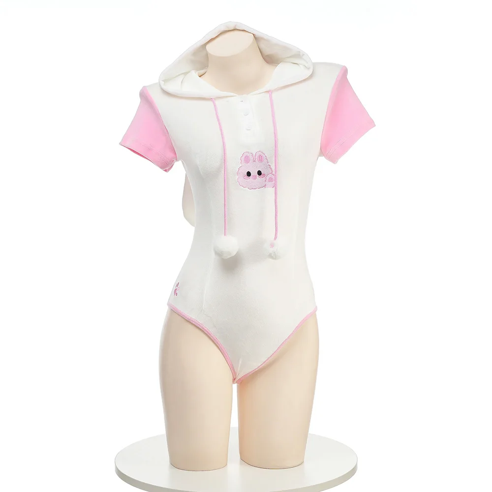 Schattig Konijntje Cosplay Jumpsuit Met Capuchon Hoodies Anime Meisje Konijn Oor Kostuum Kawaii Vrouwen Bodysuit Pluche Top Korte Mouw