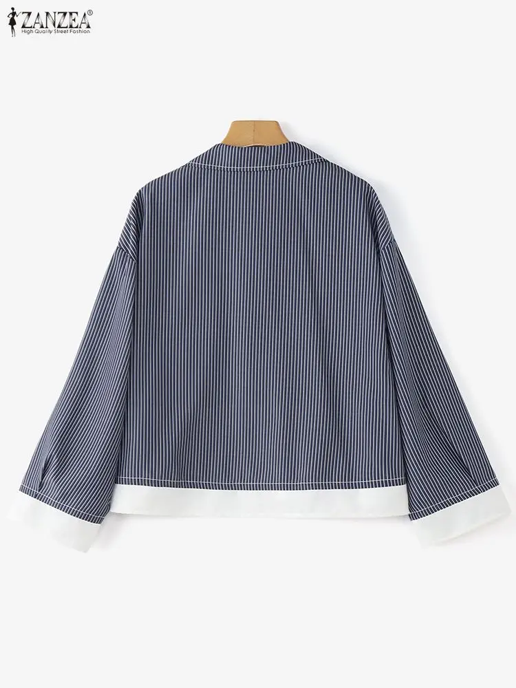ZANZEA Women Korean Autumn Shirts 2025 Long Sleeve Striped Patchwork Blouse Fashion Tops Tunic Pockets Office Blusas Femininas
