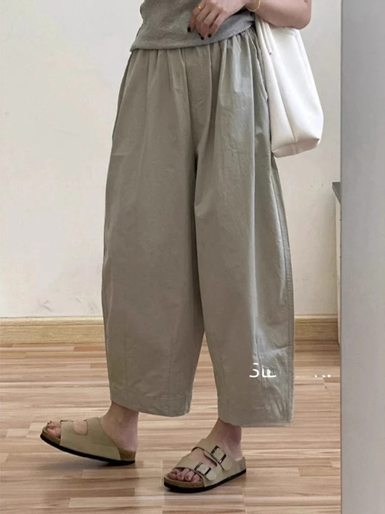Pantalones de pierna ancha sueltos retro Pantalones de globo finos de tamaño pequeño coreano de verano para mujer Pantalones casuales de pierna recta de algodón de cintura alta Tr...