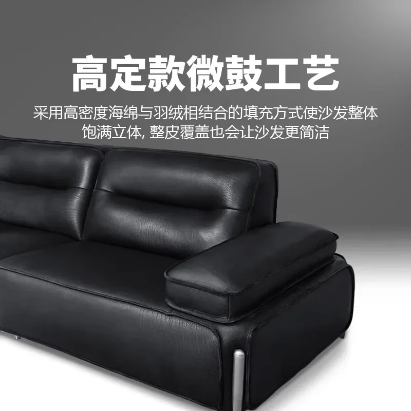 Italian big rhino leather sofa thickened cowhide open edge craft black straight row leather sofa