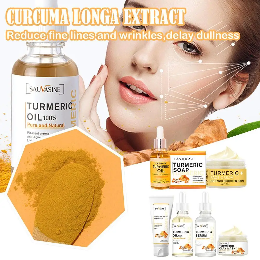 Ensemble de soins pour le visage au curcuma, crème nettoyante pour l'acné, dissolvant sombre, éclaircir les taches, anti-âge, blanchissant, sérum hydratant, Z1p6