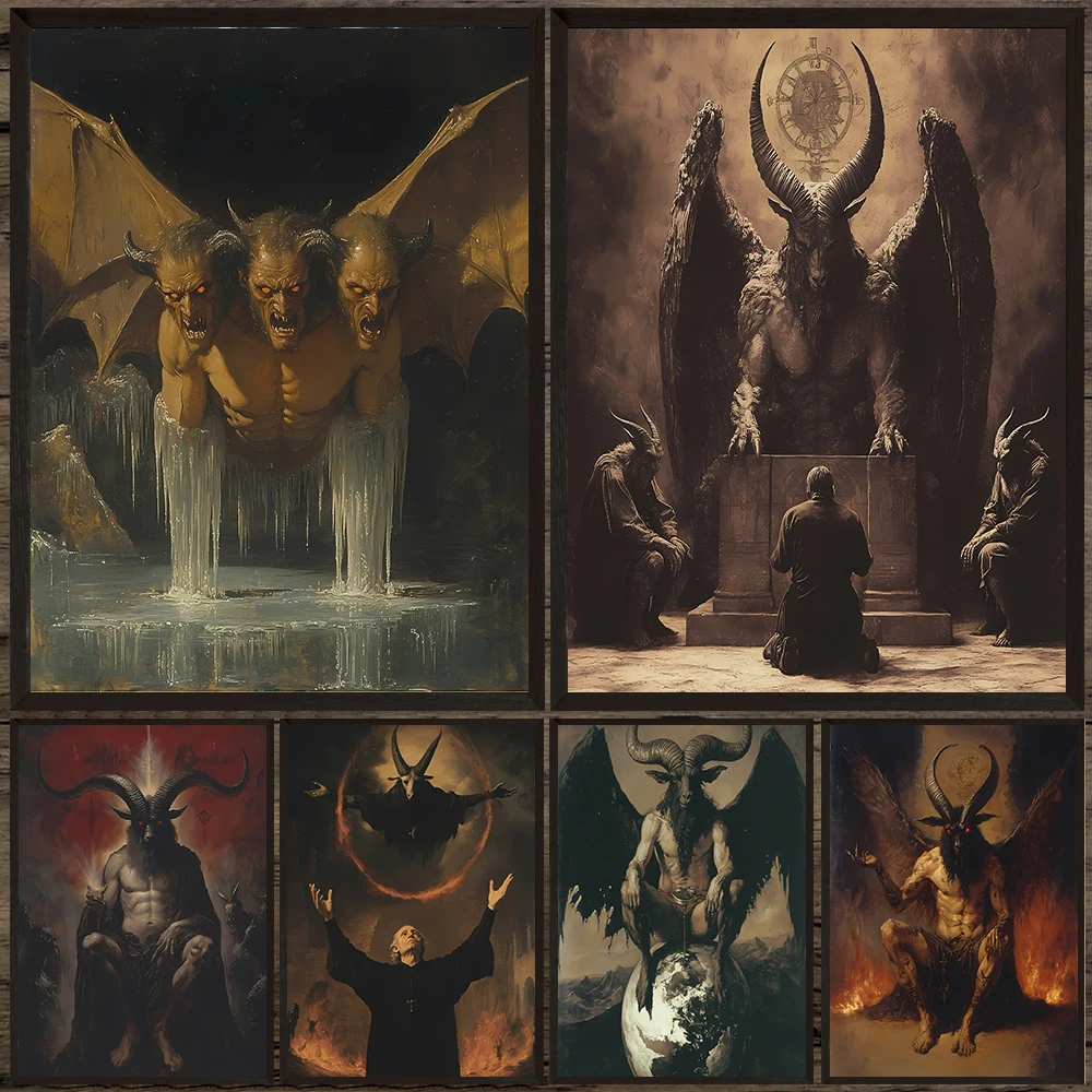 Baphomet The Devil Satan Vintage Wall Art Canvas Painting,Witchcraft & Demon Fantasy Art Poster And Print Home Decor Unframed