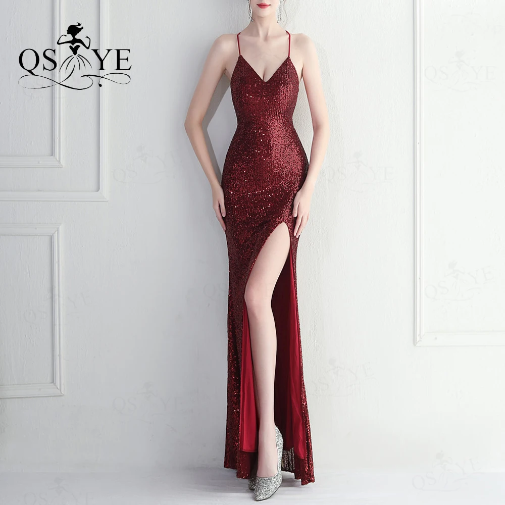 

Simple Burgundy Evening Dresses Shoulder Straps Sequin Prom Gown V neck Long Party Dress Back Crisscross Split Red Formal Gown