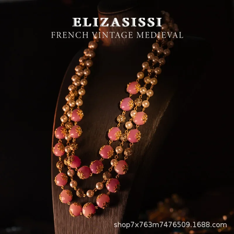 

Stacked medieval necklace, jelly glass carving process exquisite noble light pink, three-layer pearl necklace female