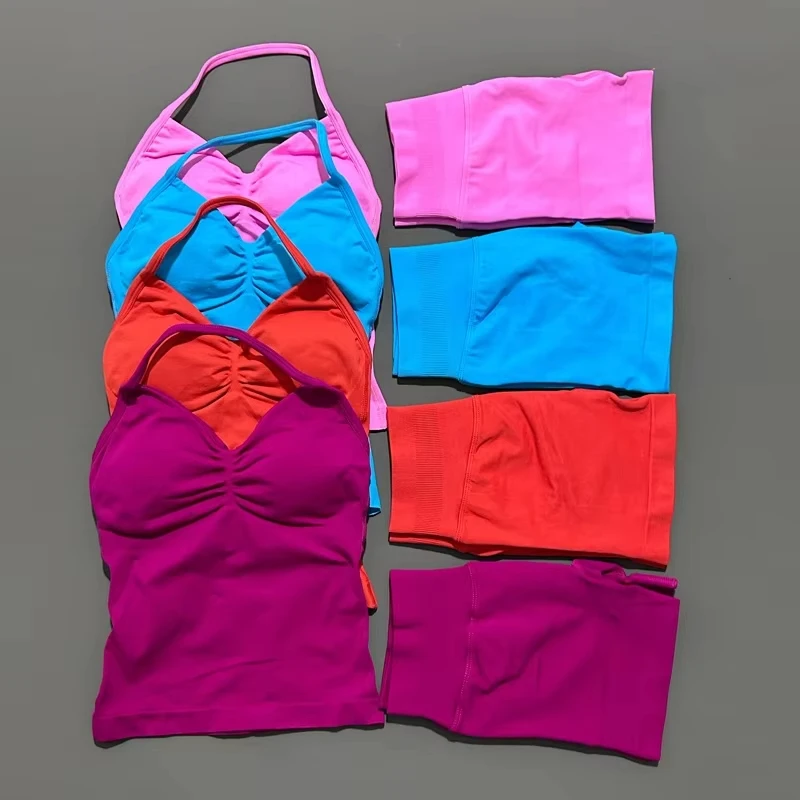 

Костюм из двух предметов, спортивный бюстгальтер с ремешками, комплекты для йоги, женская спортивная одежда, бюстгальтер и шорты, спортивный комплект для фитнеса, тренировки для бега