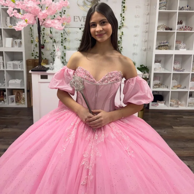 

Simple Pink Quinceanera Dress off-shoulder Glitter Crystal Decal Long tail Bow vestidos de 15 Quinceanera ﻿Customized