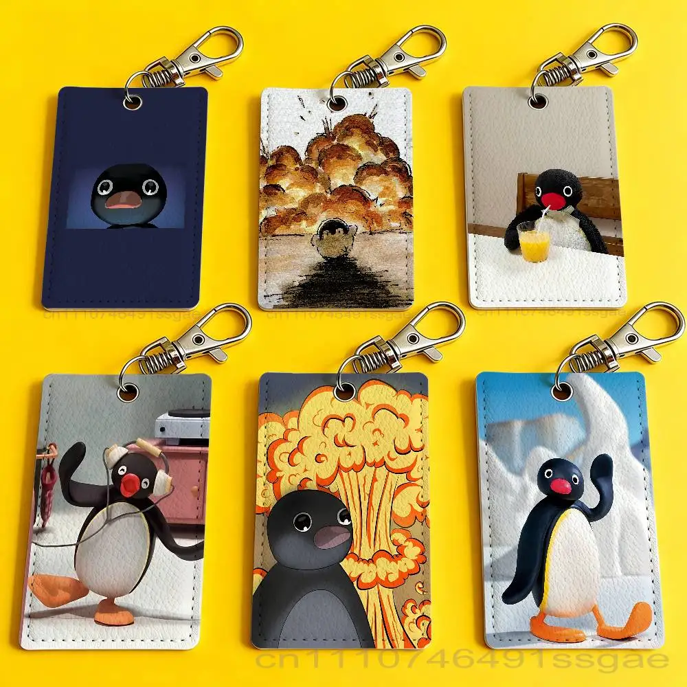 

Cute Penguin P-Pingu Funny Card Holder Men And Womenn Universal Antirust Keychain Learther Access Drop Key Tag Ring