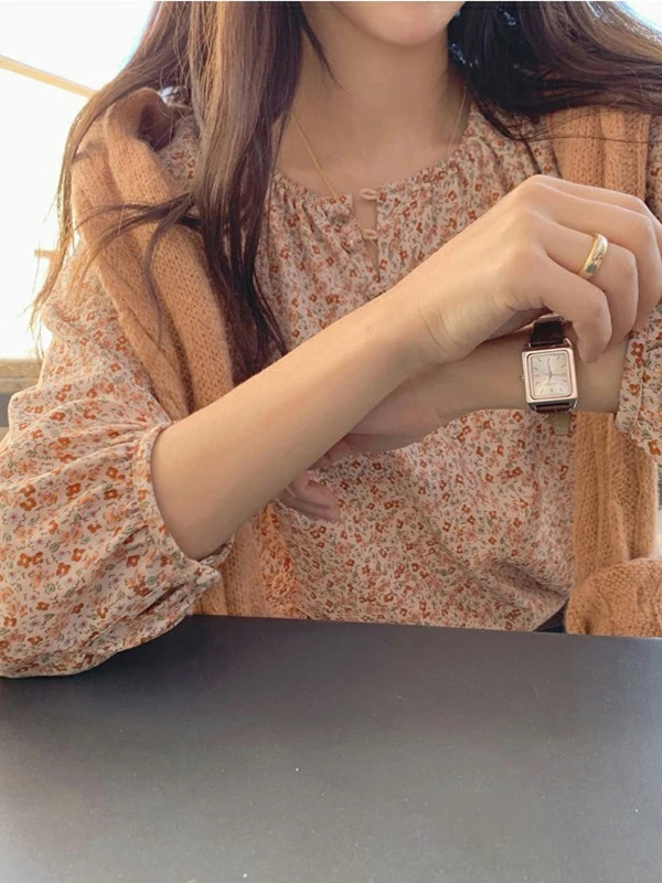 

Ele Sweet Floral Print Women's Bubble Sve Chiffon irt Korean Sle Loose Fit Long Sve round Ne Top for Office