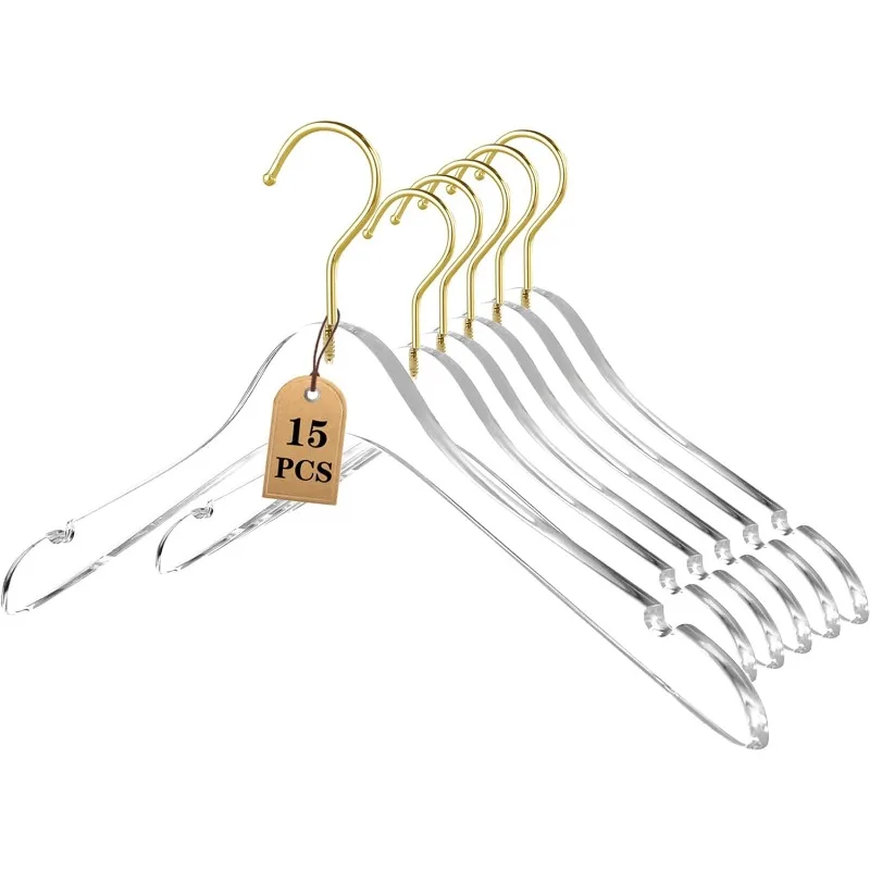 15 Pack Acrylic Hangers with Gold,Premium Crystal Dress Hangers Swivel Gold Hook Luxurious Shiny Clothes Hangers(Clear-Style B)