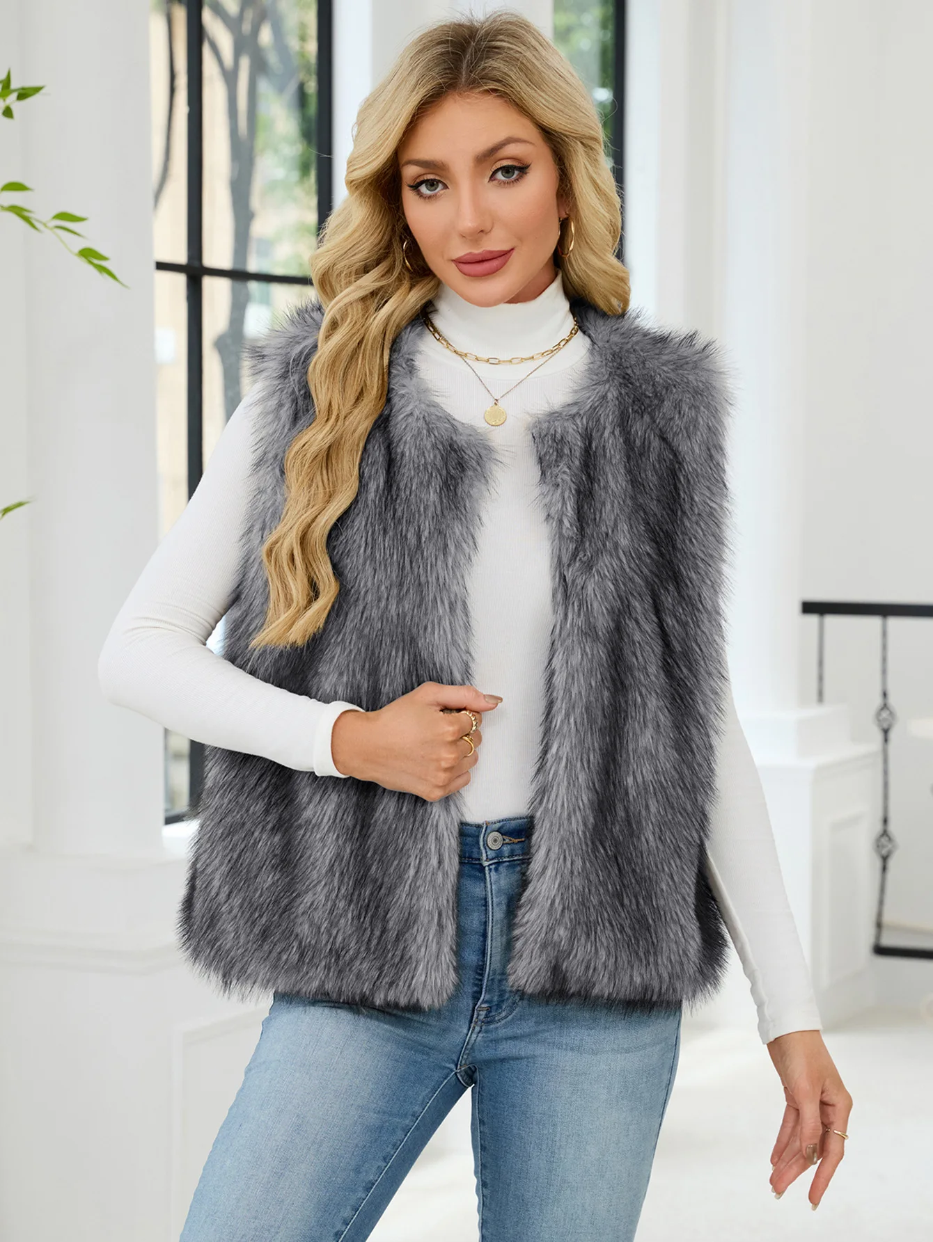 Women's Faux Fur V-Neck Vest - usage example