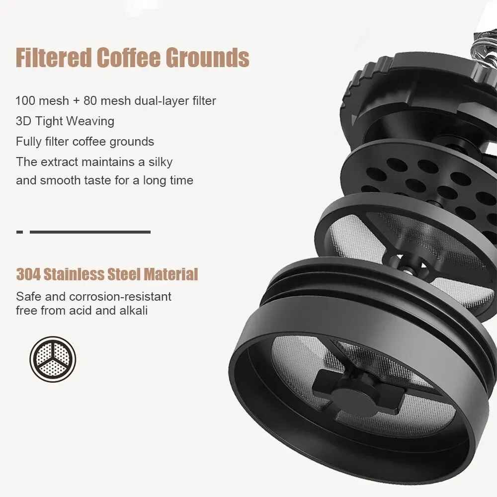 Portable French Press Coffee Mug 320ml Travel Thermos 304 Stainless Steel Double Filter Keeps 8H Hot 12H Cold
