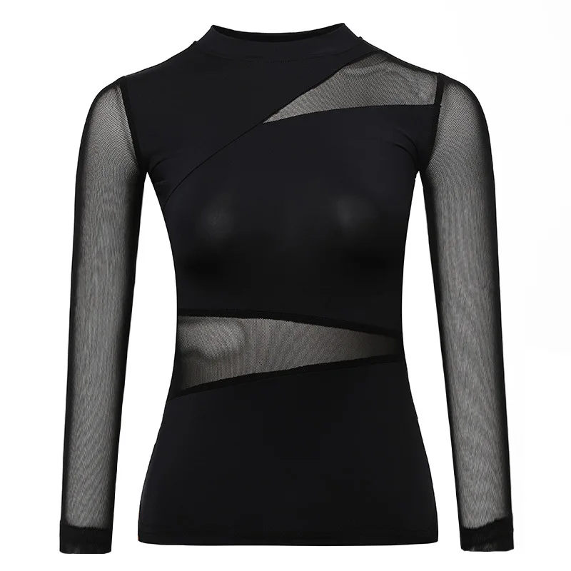 Ladies Dance Tops For Women Ballroom Latin Yoga Crop Tops Shirt Adult Female Sexy Mesh Mid-sleeve Blouse Dance New Black Clothes