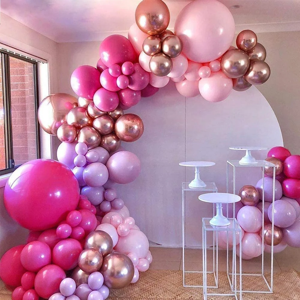 126pcsHotPinkChromeRoseGoldBalloonArchGarlandWeddingBirthydayBabyShowerPartyBackgroundDecorGlobosKidsToys
