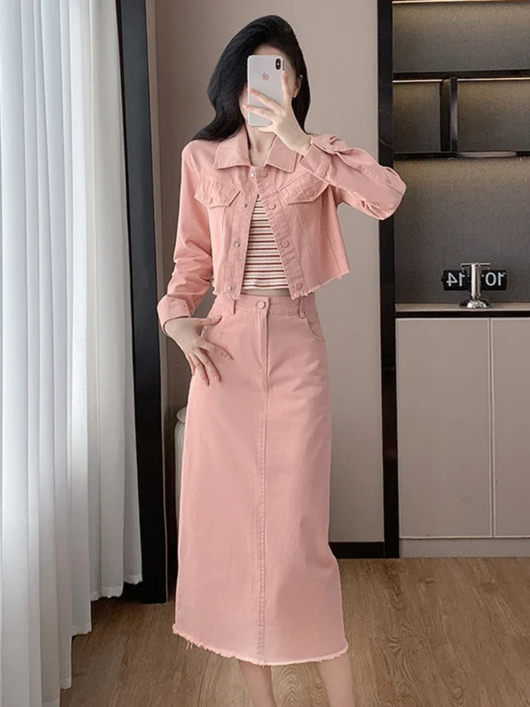 UNXX Pink Elegant Three-piece Suit Dress Set Autumn/winter 2024 New Commuter Denim Full Outfit Women Female Office Lady Clothing