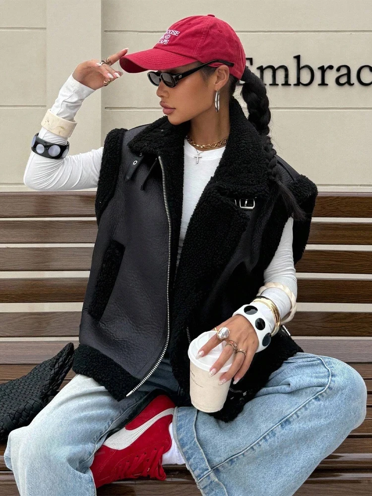 HH Women Fashion Black Faux Leather Vest Zipper Front Stand Collar Sleeveless Jacket 2026 Autumn Winter Fashion High Street Wear