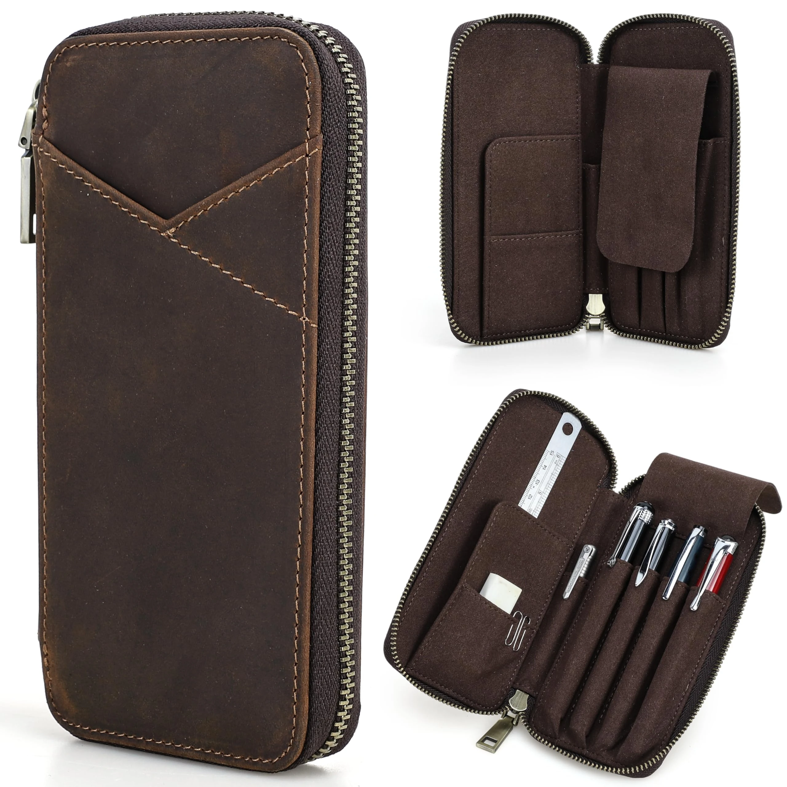 Top Grain Genuine Leather 4 Fountain Pen/Pencil Case Pouch, Handmade Design, Zipper Closure with Multi-Function, Gift For Office
