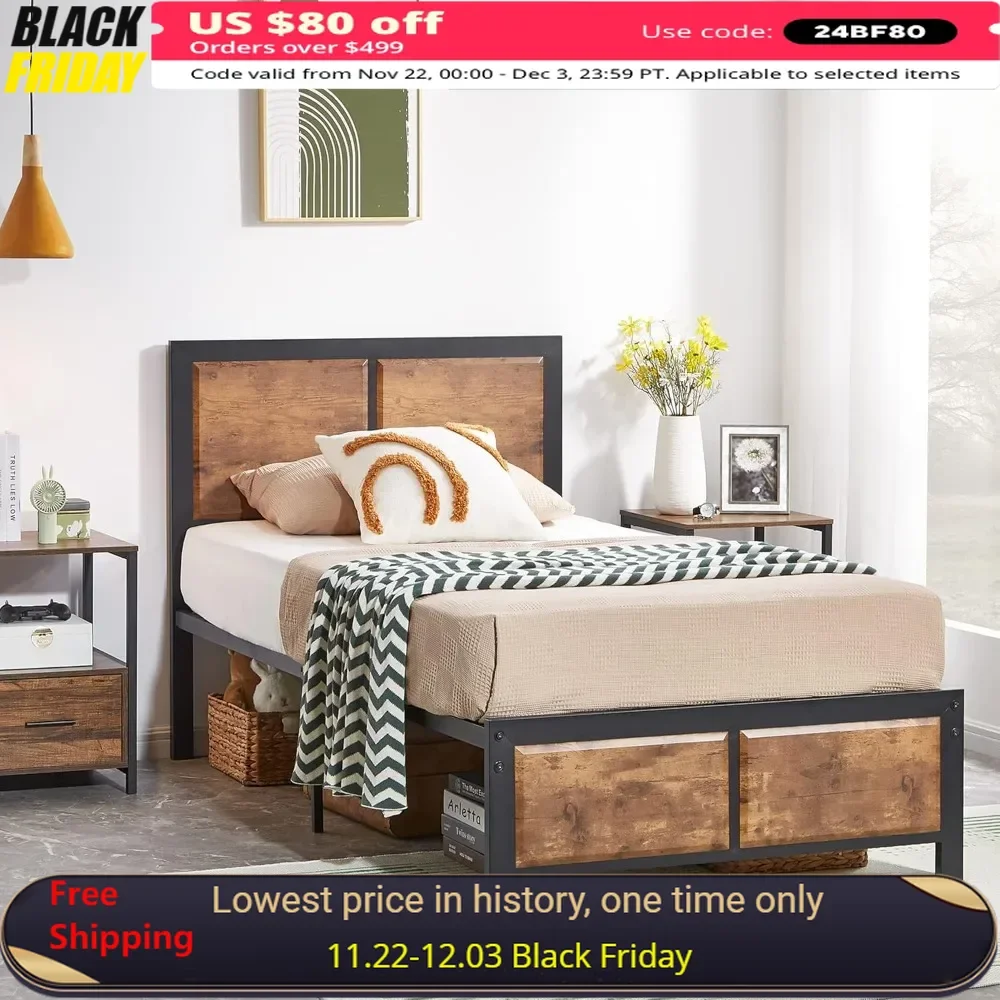 

Double Platform Bed Frame with Rustic Vintage Wood Headboard, Metal Slat Support, Heavy Duty Metal Bed Frame