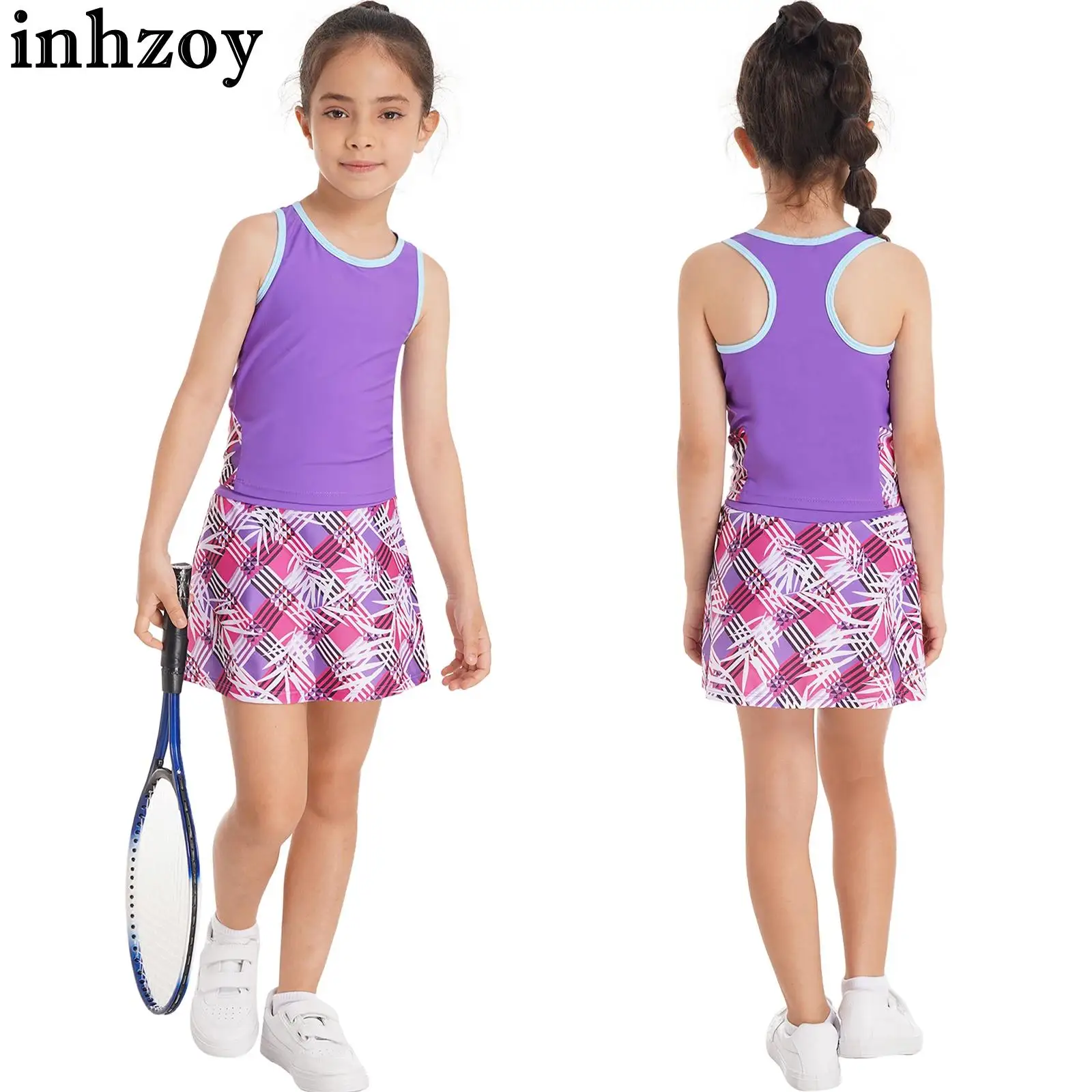 Kids Girls Tennis Golf Skirt Set Sportswear Racer Back Tank Tops with Skirts Built-in Shorts Dance Gym Workout Running Tracksuit