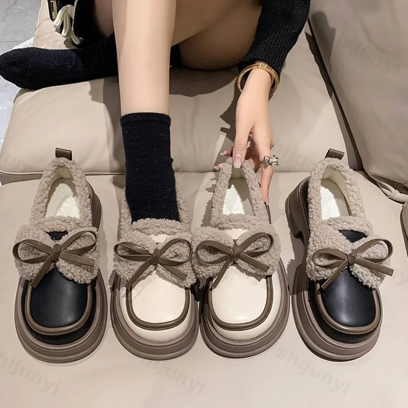 

Fashion Bow Knot Women's Leather Shoes 2025 Winter New Plush Thicken Comfort Warm Shoes Height Increase Outdoor Non Slip Loafers