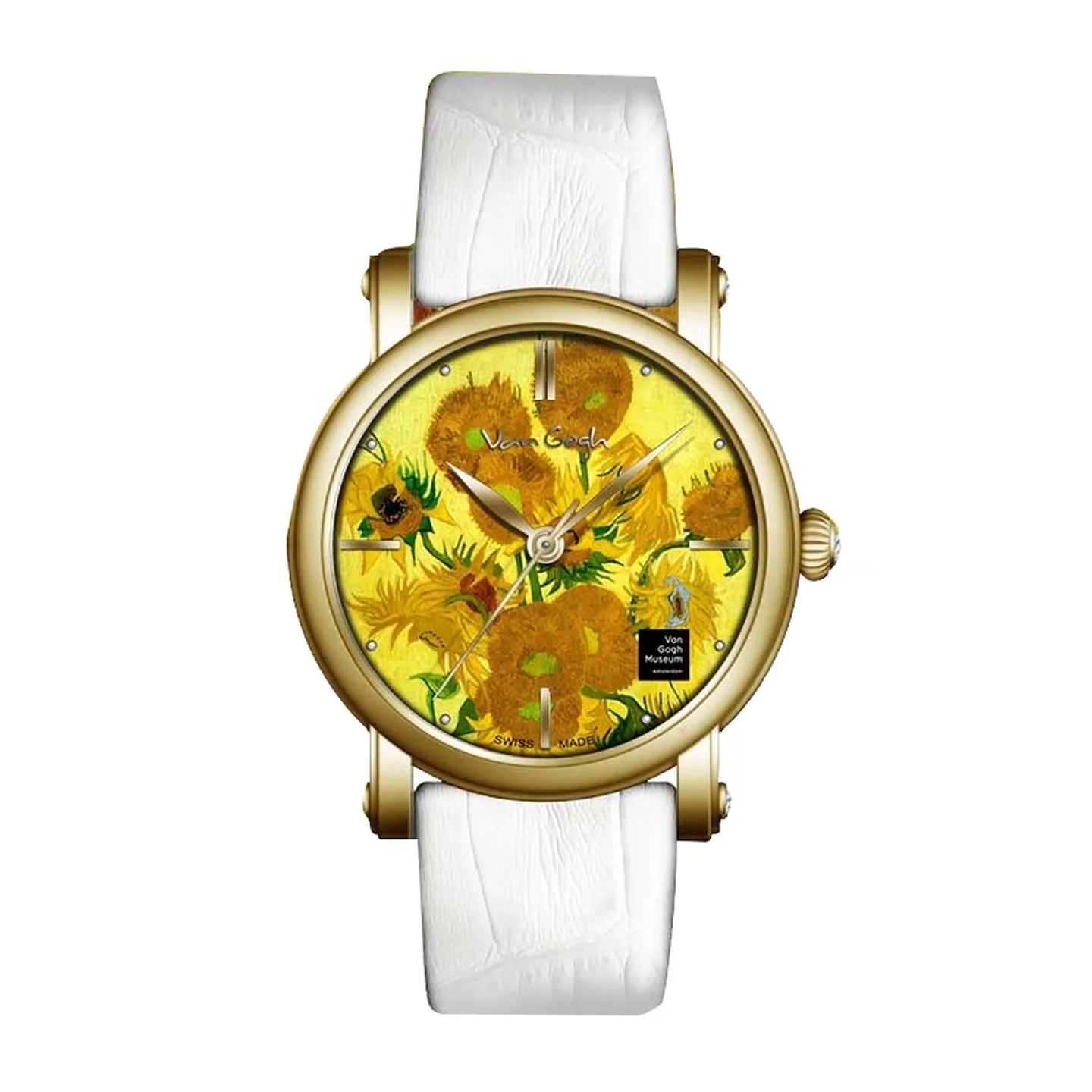 Van Gogh Sunflower Oil Painting Dial Quartz Watch for Women Swiss Movement 36mm Gold Case White Leather Strap image 3