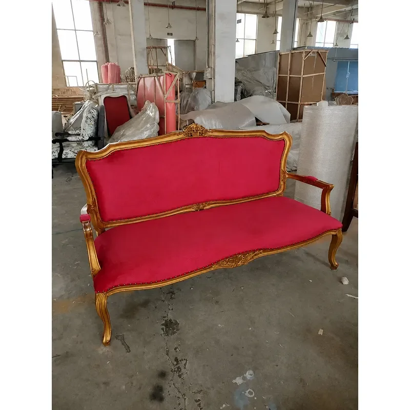 American Solid Wood Carved Floral Gold Vintage Double Fabric Sofa for Photo Studio Club Living Room Three Seater Couch