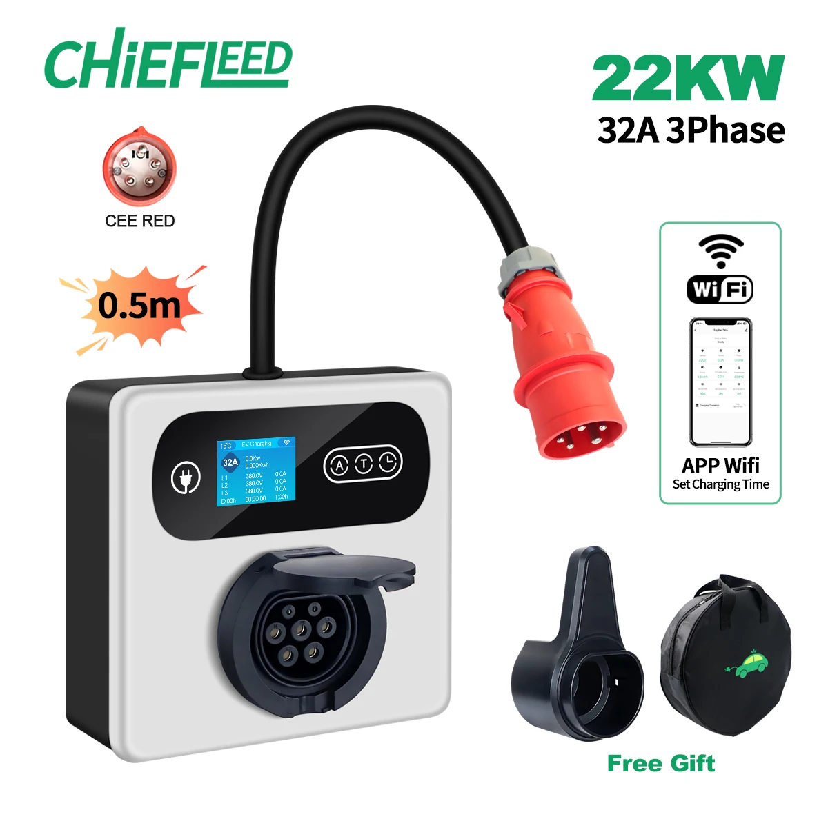 Chiefleed Home EV-laadstation 32A 7,2KW 22KW 16A 11KW CEE Rood naar Type 2 vrouwelijke aansluiting oplader elektrische voertuigen hybride auto's