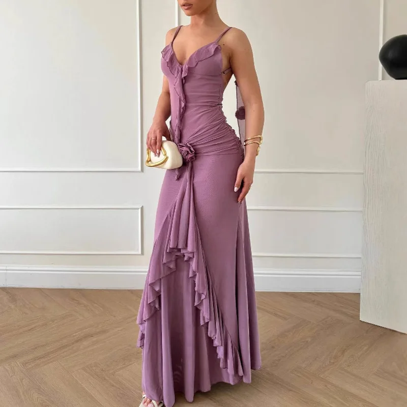 Purple Hollow Out Ribbon Evening Dress Elegant Low Cut Backless Ruffles Halter Dress Lady Wrap Hips Stereoscopic Floral Dresses