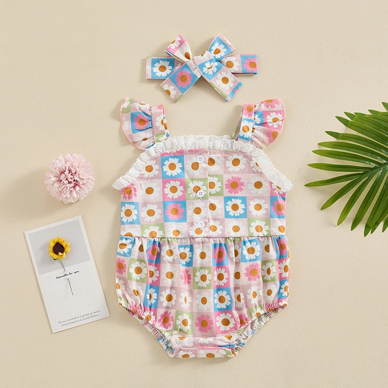 Newborn Girl Outfit, Flower Print Fly Sleeve Patchwork Romper with Hairband Summer Clothes