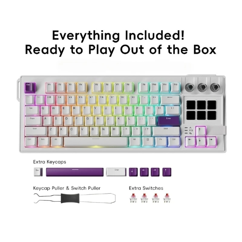 Gaming Keyboard with LCD Display Pads, 3 Pressable Knobs, Changeable Contact Mounts and Color Desk Lighting for Desktop Use K1KF